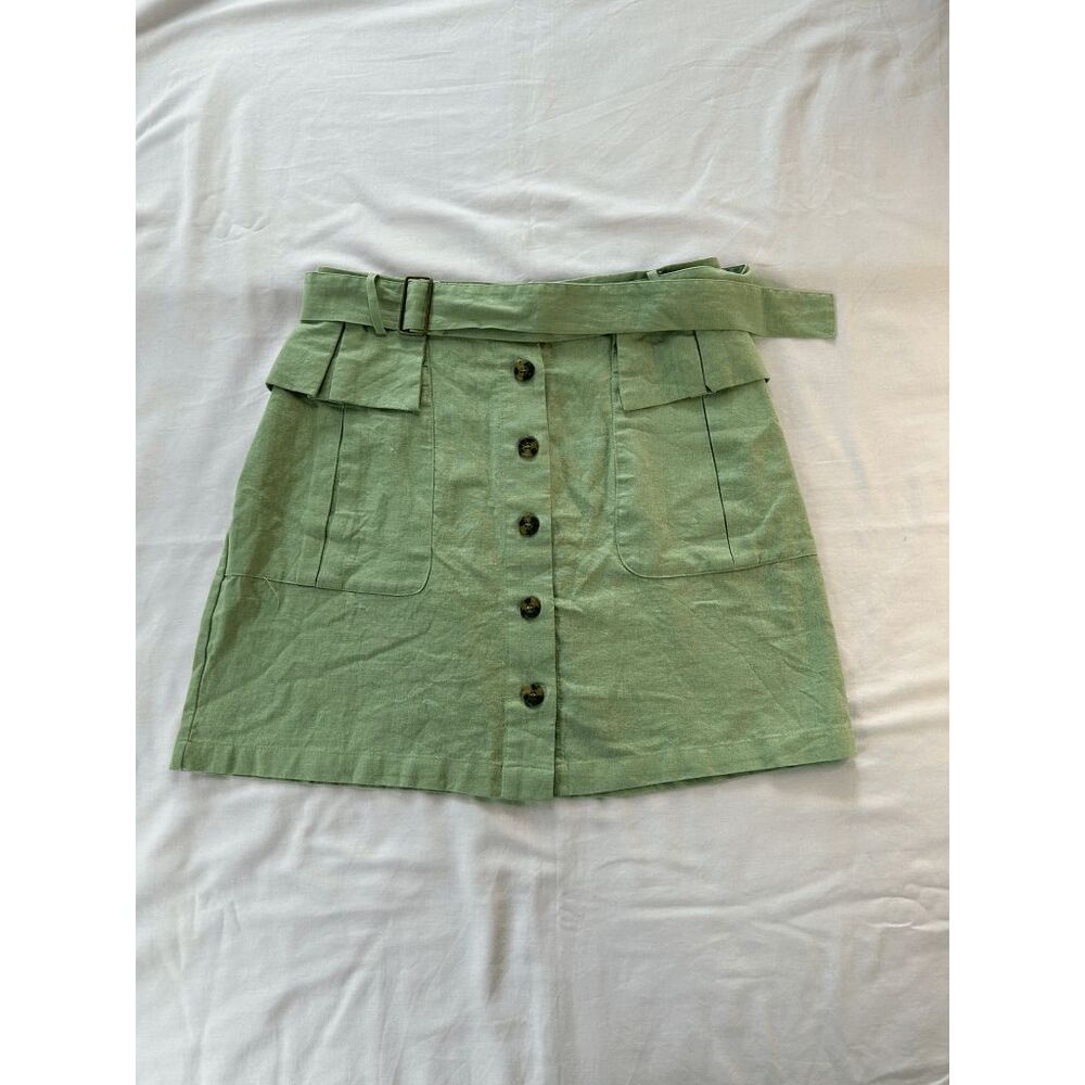 Nicole Miller Sage Green Mini Skirt, Belt, Buttons, Pockets, Preppy, Size L
